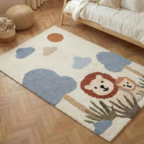 Children's rug with lion design on a wooden floor