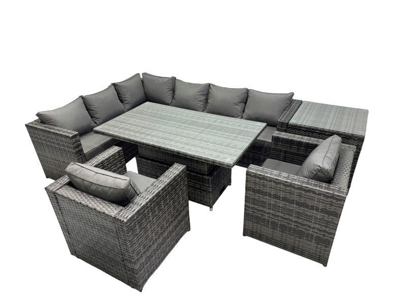Fimous 8 seater Height Adjustable Rising Lifting Table Corner Sofa Set Rattan Garden Furniture Dining Set with Side Table Dark Grey Mixed