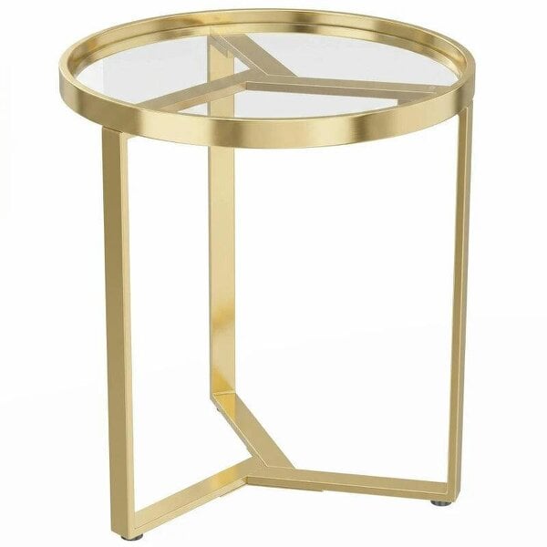 Round Side Table with Tempered Glass Top and Geometric Metal Frame for Small Space, Gold Tone