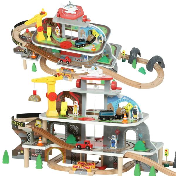 Kids wooden mine train set with multilevel tracks, crane and helicopter play vehicles