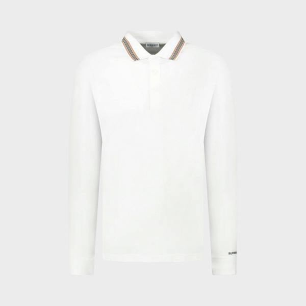 Supplied Fashion white long-sleeve polo shirt featuring a signature Burberry stripe and check collar detail.