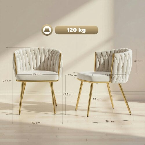 Wyld Haus Sosura Set Of 2 Cream Velvet Upholstered Dining Chairs With Woven Back And Armrests