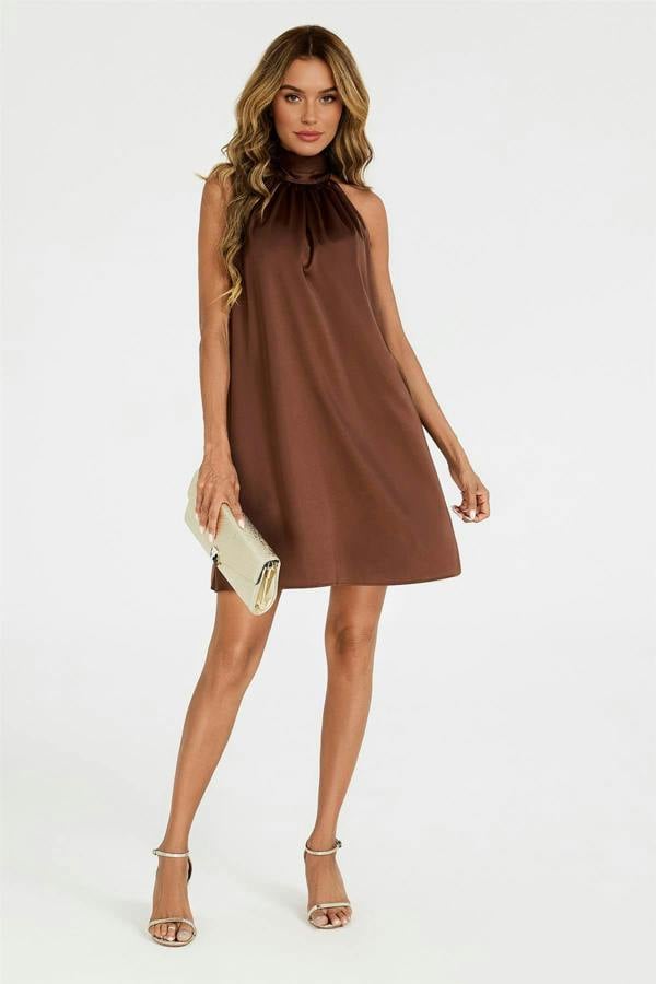 FS Collection Satin Halter Neck Tie Back Mini Dress In Brown