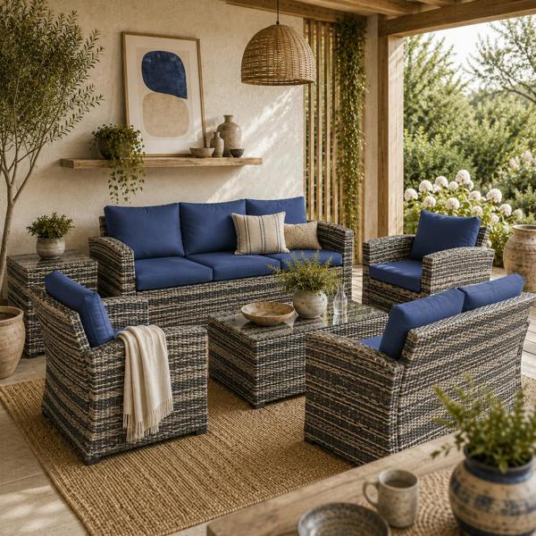 Wyld Haus Resuno Grey Rattan Navy Blue 7 Seater Outdoor Sofa Set With Storage Tables