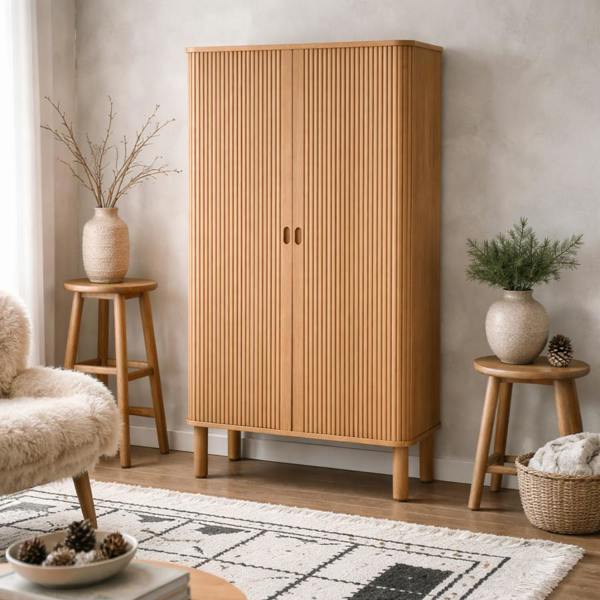 Wyld Haus Copenhagen Natural Oak Wood Etched Cabinet 2 Tambour Doors