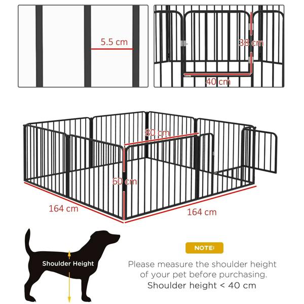 Black 8-panel dog playpen with curved panels and size measurement diagram