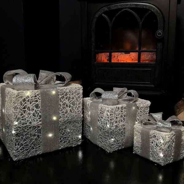 Samuel Alexander Set of 3 Battery Operated Silver Sparkly Christmas Gift Boxes with LEDs