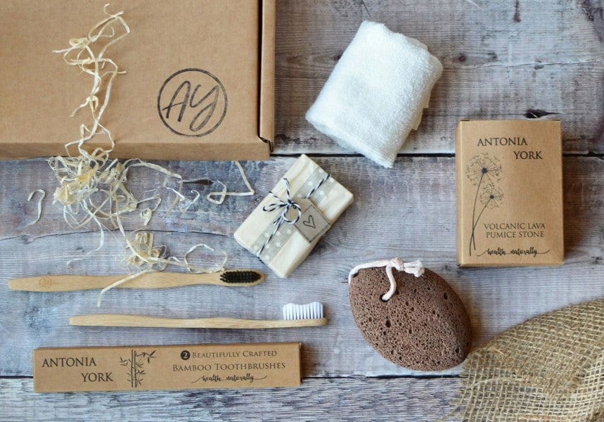 Antonia York Rio Self Care Spa Gift Box Eco Friendly Bamboo Face Cloth and Toothbrushes Pumice Stone Vegan Soap