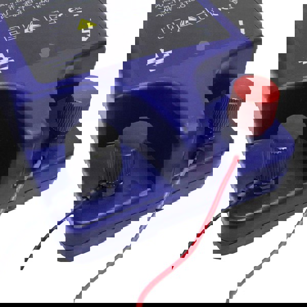 T-Mech Electric Fence Energiser in blue with red and black terminals, designed for powering fences up to 10 km, featuring clear indicator symbols