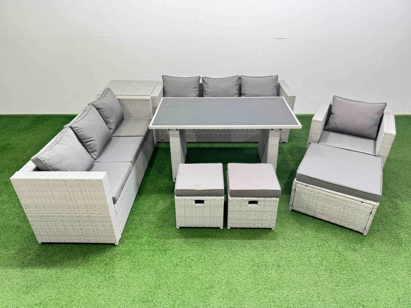 Fimous Patio Garden Furniture Sets with Black Glass Top Dining Table 3 Seater Sofa Armchair Side Table 3 Stool Light Grey