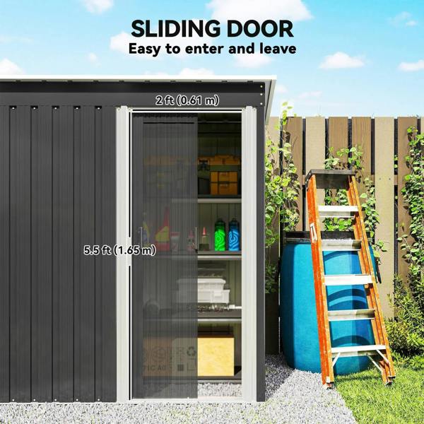 Black metal storage shed with sliding door open, interior shelves and storage bins.