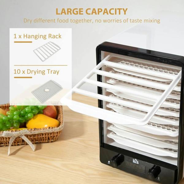 White 11-tray food dehydrator with open door and multiple drying trays inside