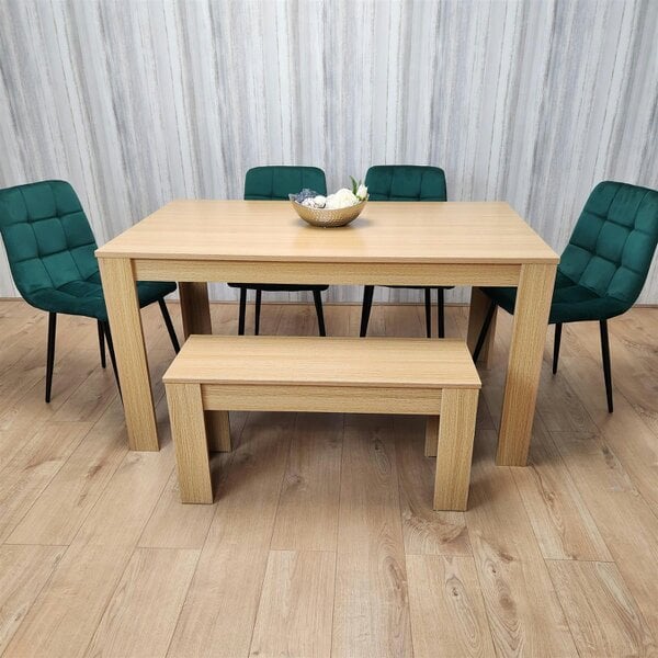 Kosy Koala Wooden Dining Table Set for 6 Oak Effect Table With 4 Green Velvet Chairs and 1 Bench