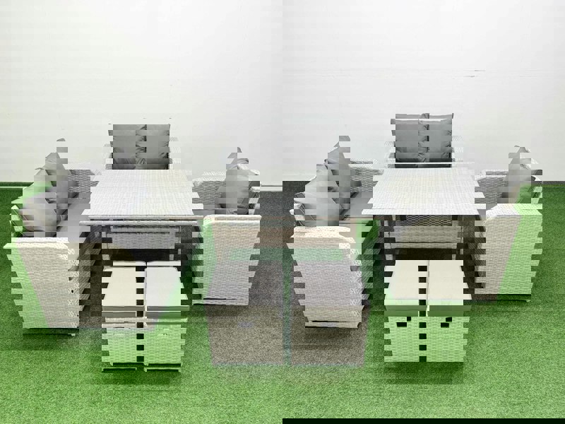 Fimous High Back Poly Rattan Garden Furniture Set - Light Grey Indoor/Outdoor Patio Set with Reclining Chair & Rectangular Dining Table