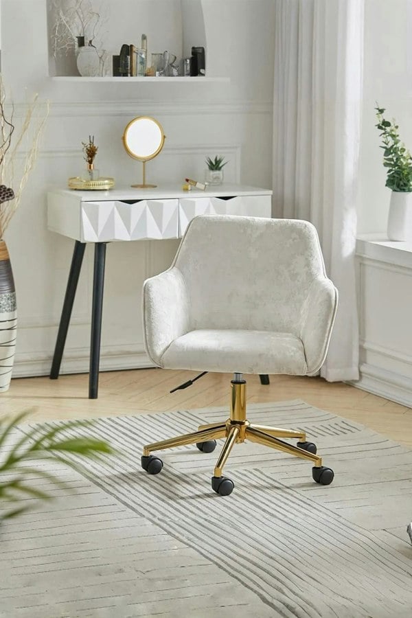Living and Home Velvet Upholstered Home Office Swivel Chair Beige