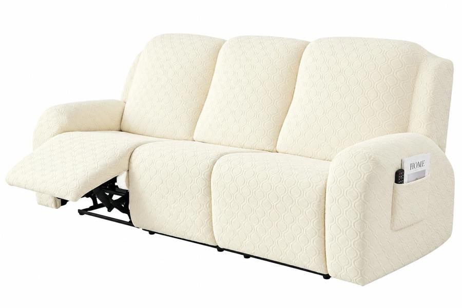 ATEK 8 Piece Stretch Recliner Sofa Cover 3 Seater Slipcover with Side Pocket – Cream
