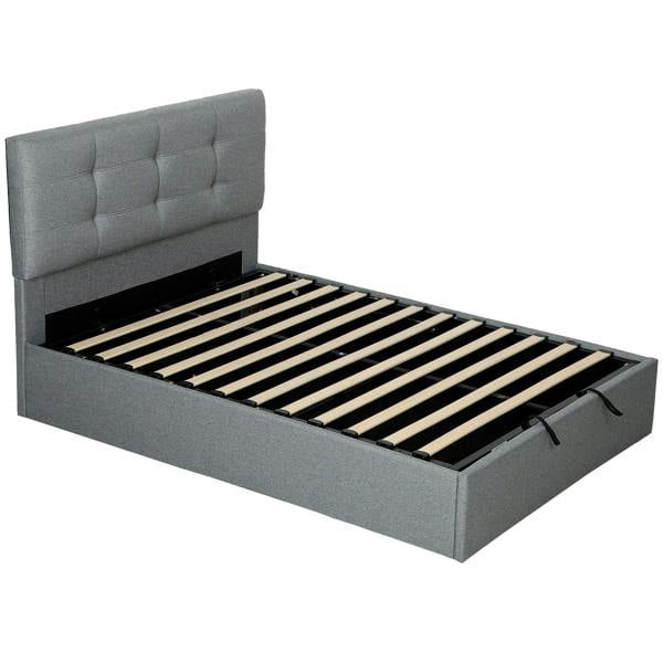 Grey upholstered ottoman bed frame with gas-lift storage and slatted base