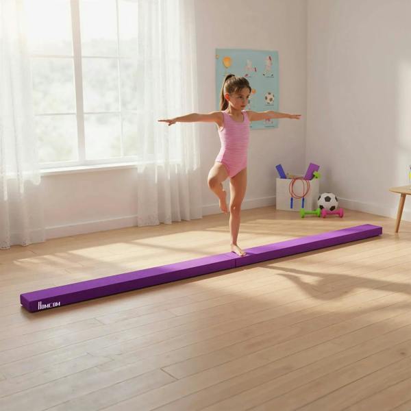 Purple balance beam for kids with a padded non-slip surface and sturdy folded base.