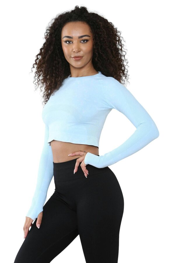 Elaina Fashion Women's Round Neck Tie-Dye Rib Seamless Slim Fit Crop Top Activewear 