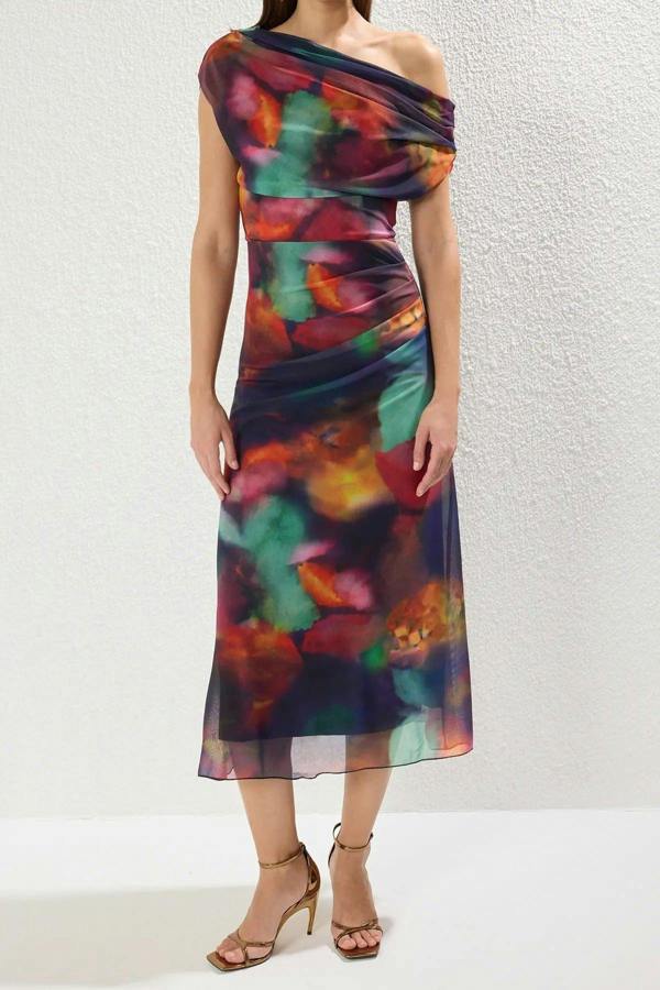 WOVCOR Patterned Lined Tulle Knit Midi Evening Prom Dress