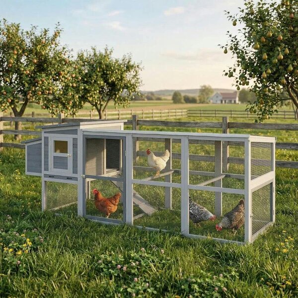 Large Chicken Coop, Wooden Hen House with Covered Run, Nesting Box, Pull-Out Tray, Opening Asphalt Roof - Grey