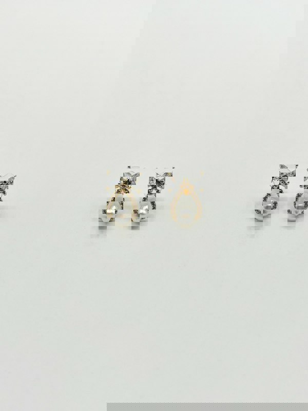 SVNX Studded Bow Earrings with Hanging Pearl in Gold Colour