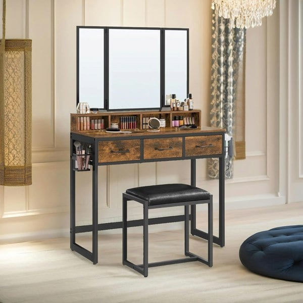 Rafaelo Mobilia 3 Drawer Dressing Table With Mirror And Stool Rustic Brown