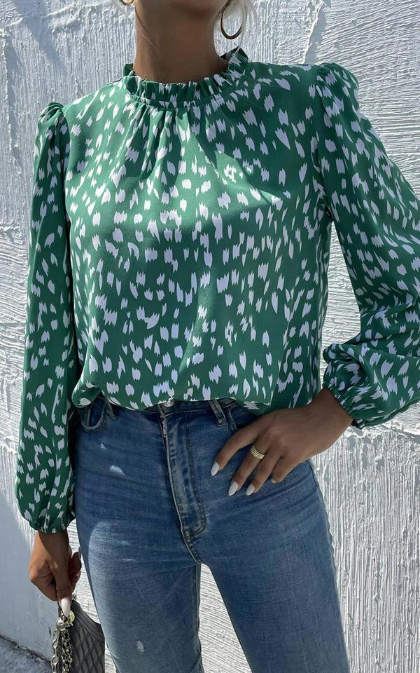 FS Collection Animal Print Frill Detail High Neck Top In Green