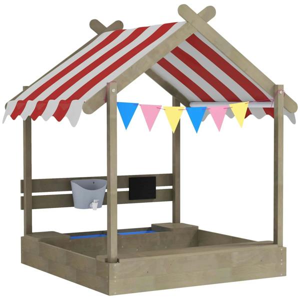 Grey wooden sandbox playhouse with striped roof, banner flags, and blackboard