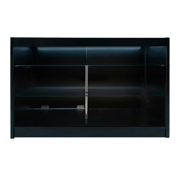 Black Helios LED shop counter set CM60 with two K1500 shelves, featuring sleek glass panels and a modern design for retail display