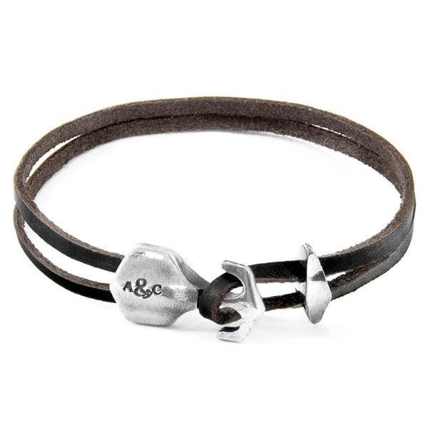 Anchor & Crew Dark Brown Delta Anchor Silver and Flat Leather Bracelet