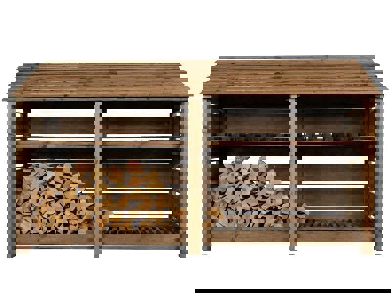 Arbor Garden Solutions Slatted Wooden Log Store with Shelf W-227cm, H-126cm or 180cm, D-88cm - Brown Finish