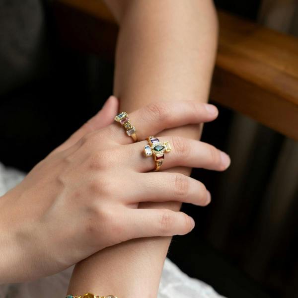 Spero London Sterling Silver Multicolor Pave Baguette Ring