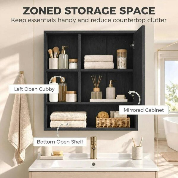 Bathroom Mirror Cabinet, Wall-Mounted Bathroom Cabinet with Mirror Door, Adjustable Shelves, Black