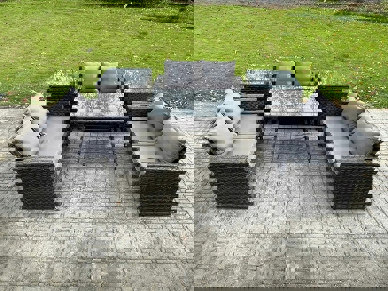 Fimous 6 PCS Outdoor Lounge Sofa Set Wicker PE Rattan Garden Furniture Set with Rectangular Dining Table Love Seat Sofa 2 Side Tables Dark Grey Mixed