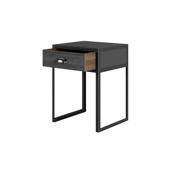 Wyld Haus Rimini Slate Grey Oak and Black Bedside Table with Drawer