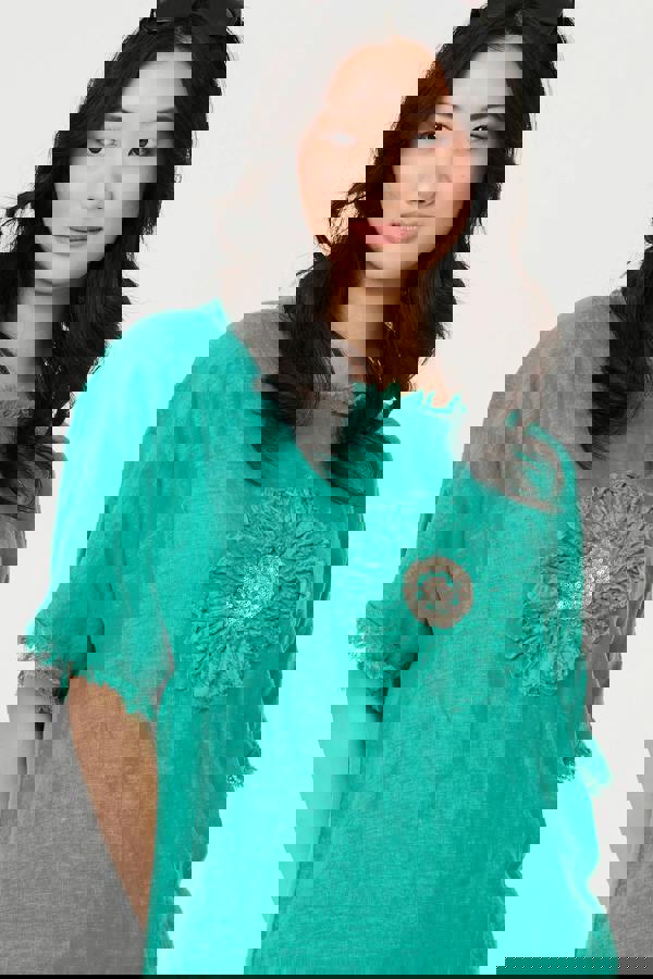 Blue | Frayed Edge Floral Embellished Top