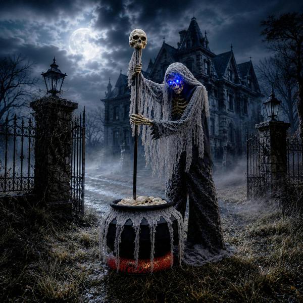 Samuel Alexander 6ft Tall Animated Stirring Cauldron Creep Skeleton Halloween Decoration with LED Eyes