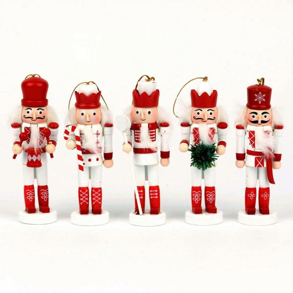 13cm Wooden Christmas Nutcracker Soldier Ornament Set of 5, Hand-Painted Wood Decor image 7