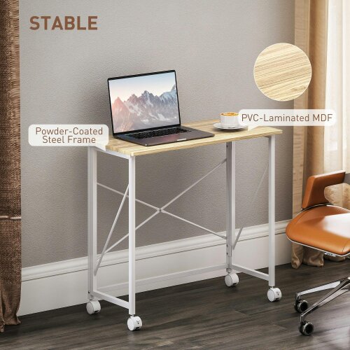 Wyld Haus Yokare 80cm Wooden Natural and White Folding Desk On Wheels