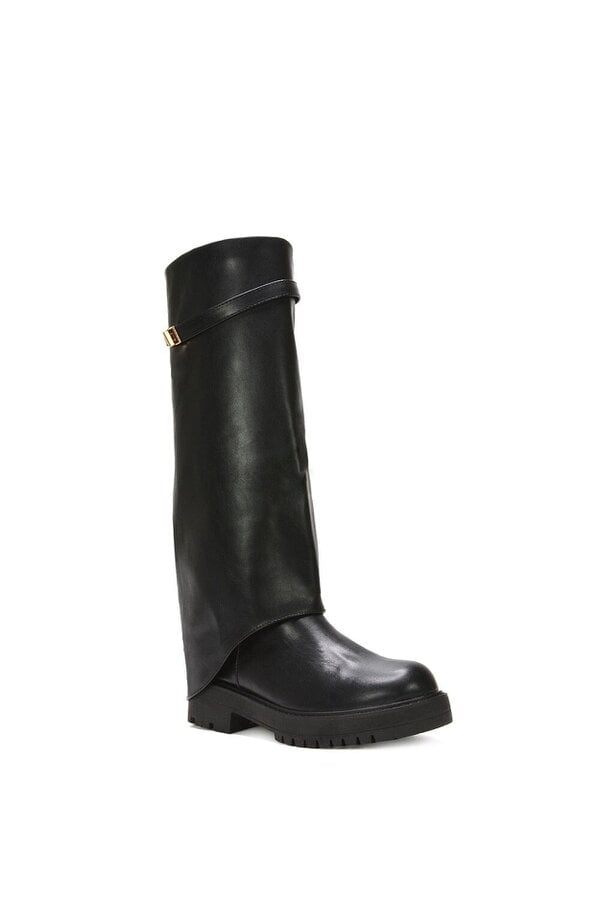 XY LONDON Chunky Low Heel Knee High Fold Over Boots