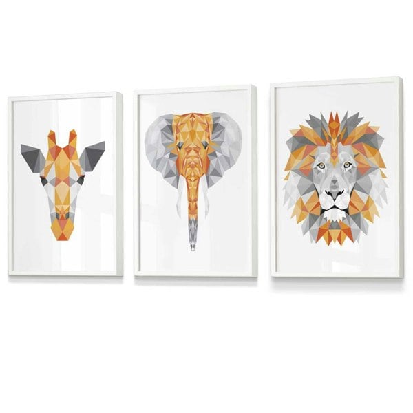 Artze Wall Art Framed Geometric set of 3 ORANGE Giraffe Lion Elephant