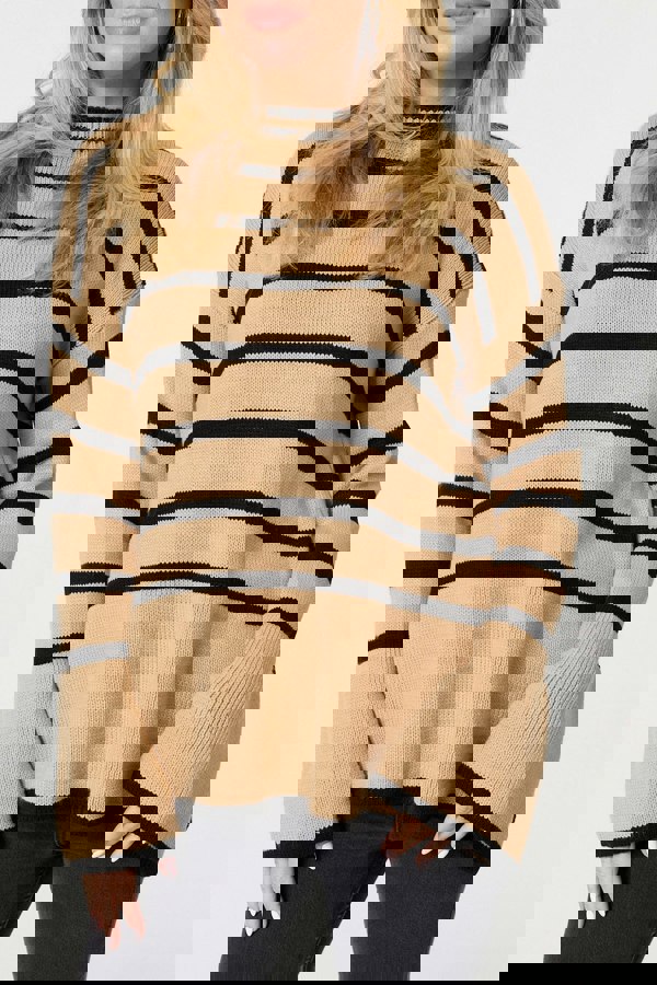 Beige | Striped Flare Sleeve Roll Neck Jumper
