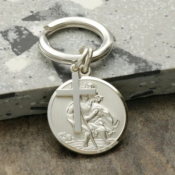 Christopher James of London Sterling Silver 24mm St Christopher Keyring With Cross And Optional Engraving