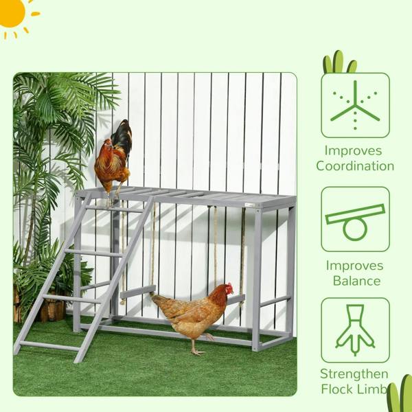 Grey wooden chicken coop activity center with perches, swing, and ladder inside