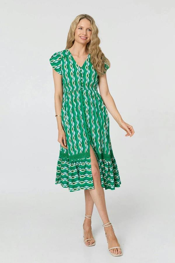 Green | Geo Print Cap Sleeve Lace Midi Dress