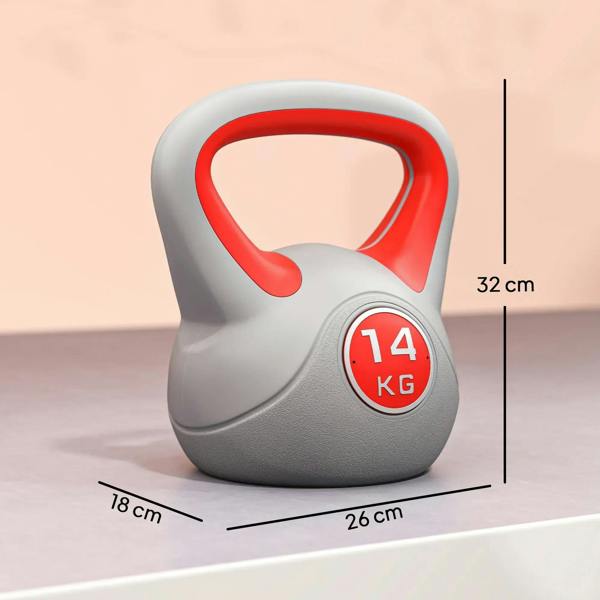 Grey 14 kg kettlebell with red handle and round weight label marked 14 KG.