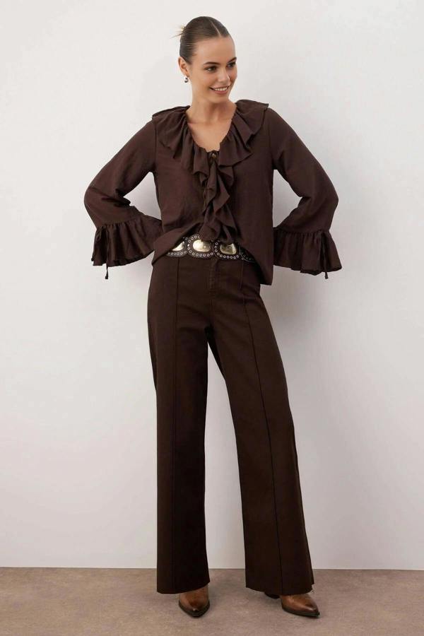 WOVCOR High Waist Cut-Out Wide Leg Jeans with Ribbed Detail