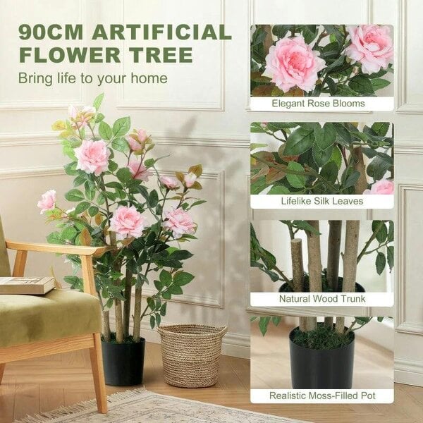 90cm Artificial Rose Tree, Decorative Fake Plant with 344 Silk Leaves 17 Flowers for Outdoor Indoor Decor, Pink