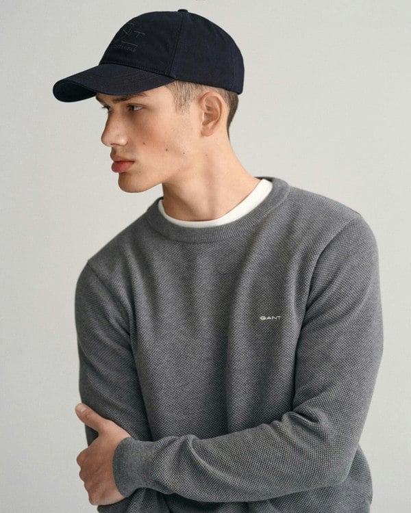 GANT Mens Cotton Pique Crew Neck Jumper - 92 Dark Grey Melange